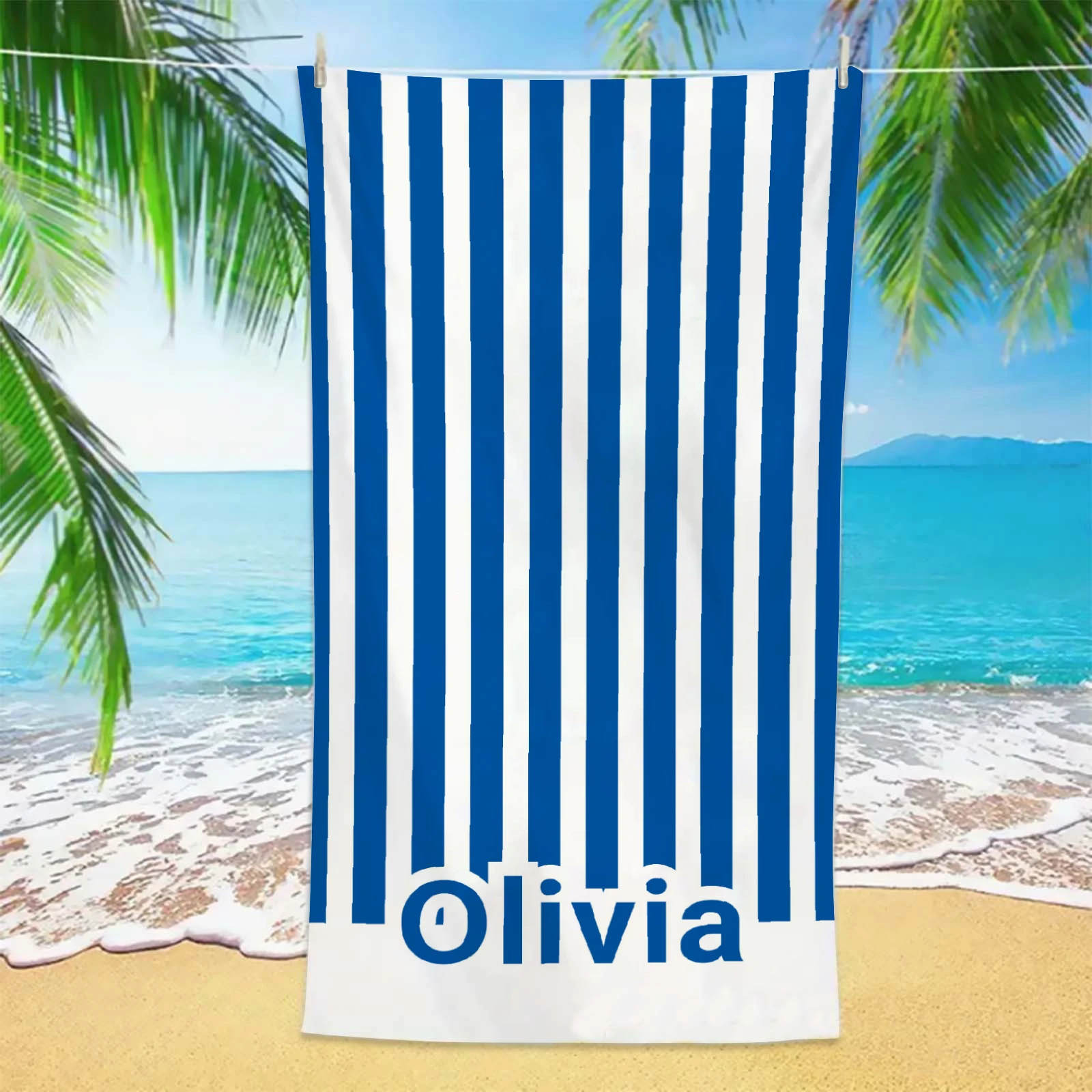 Toalla de playa a rayas azul marino personalizada para mujeres, hombres y niños, toalla de piscina de secado rápido, todos los tamaños, personaliza tu nombre, regalos