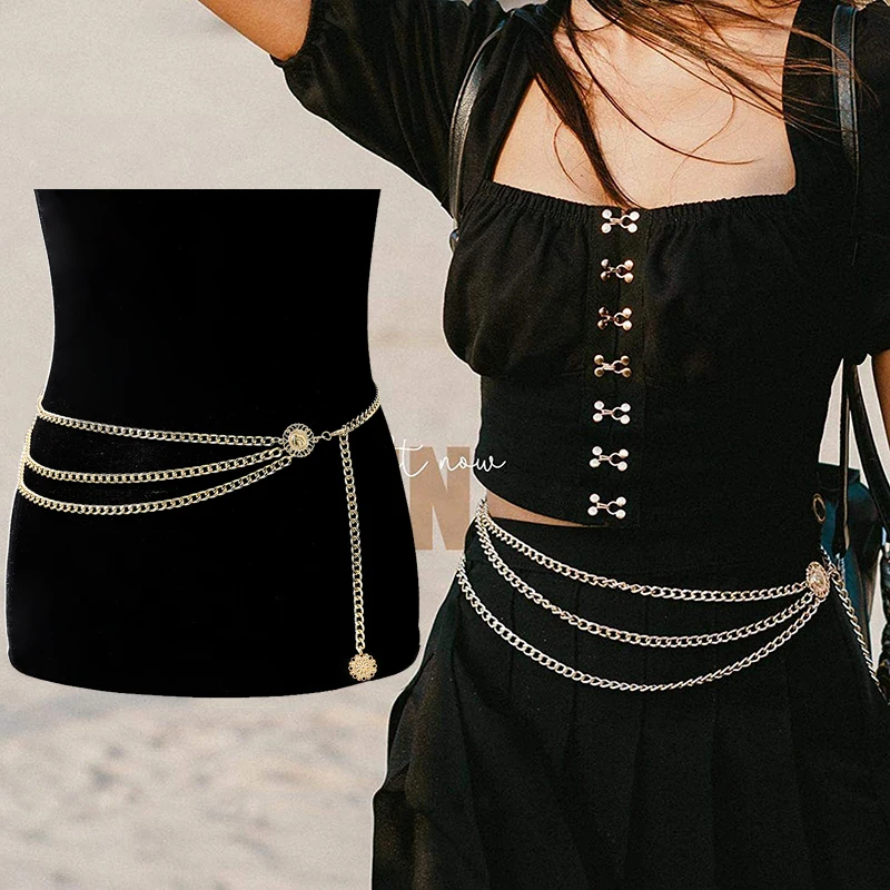 Women's Fashion Gold Silver Color Aluminum Chain Belt Waist Adjustable Chains For Dress Skirt Ladies Body Jewelry Accessories