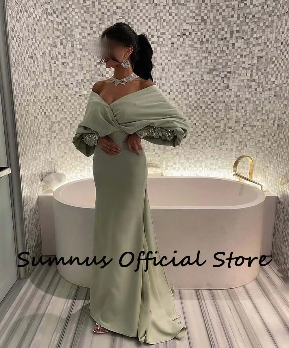 Sumnus Saudi Arabic Mermaid Evening Party Gowns Sexy Off Shoulder Sequins Long Sleeve Dubai Wedding Party Dresses with Train