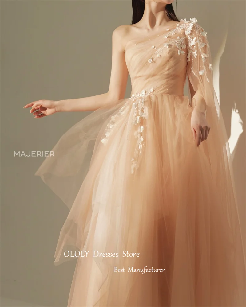 OLOEY Fairy Coral Tulle A Line Korea Evening Dresses Wedding Photoshoot One Shoulder Lace Wedding Photoshoot Party Dress