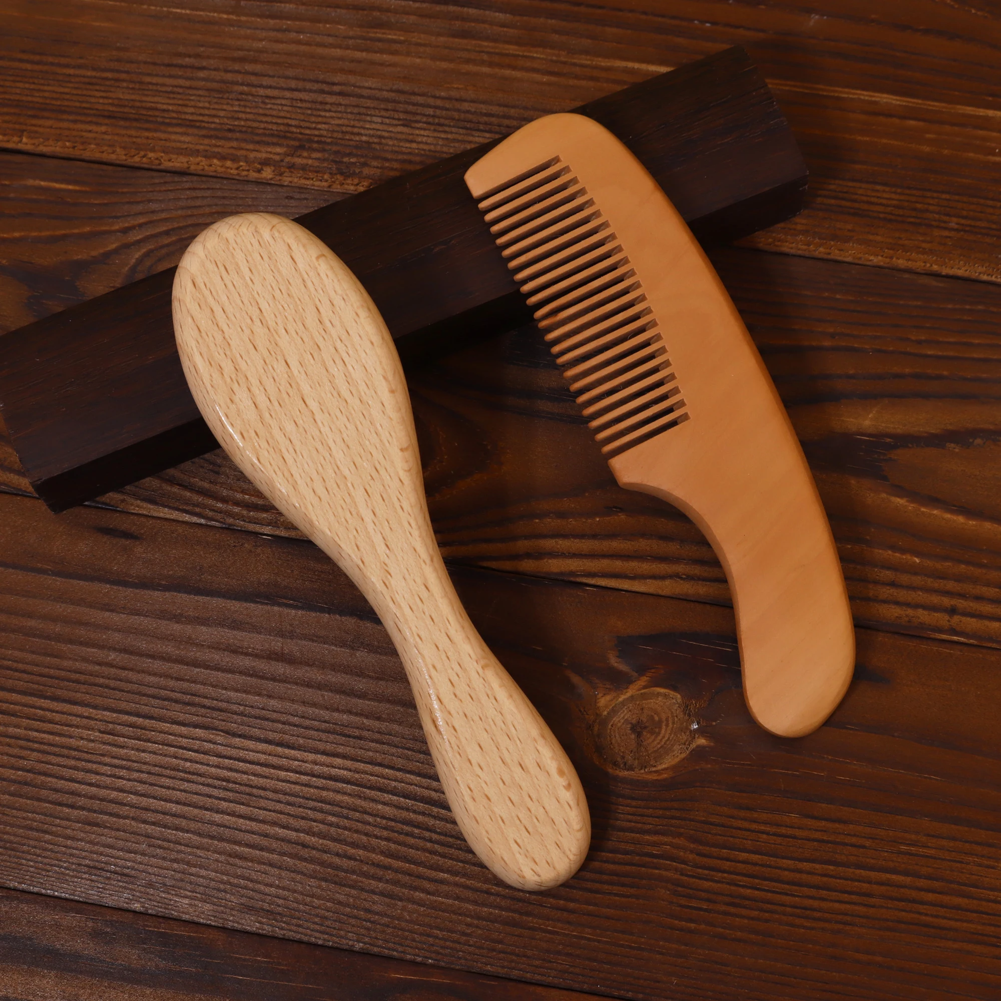 Wood Brush/Wood Comb 2-piece Set - Wool and Beech Combs, Peach Wood Shaped Combs,Special for real hair wigs