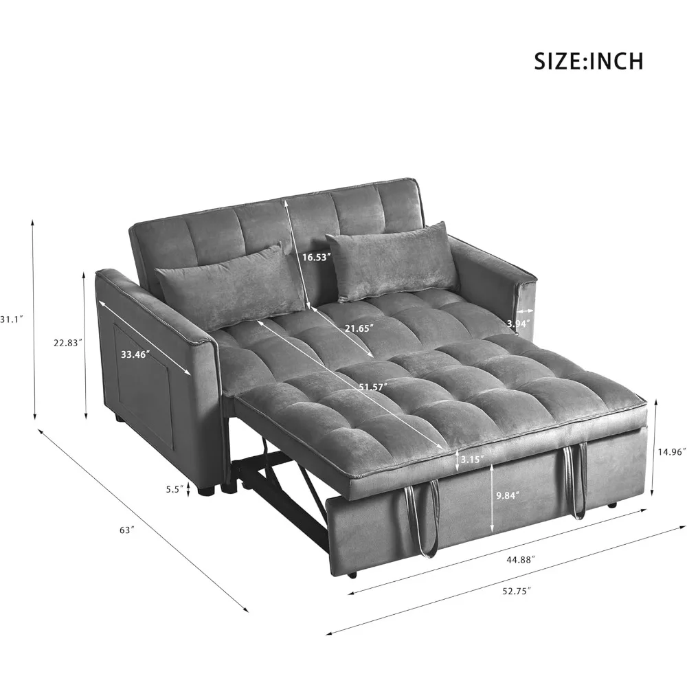 

Living Room Sofas, Convertible Sofa Bed, Pull-Out Sleeper Bed with Adjustable Backrest Two Arm Storage Pocket, Couches Loveseat