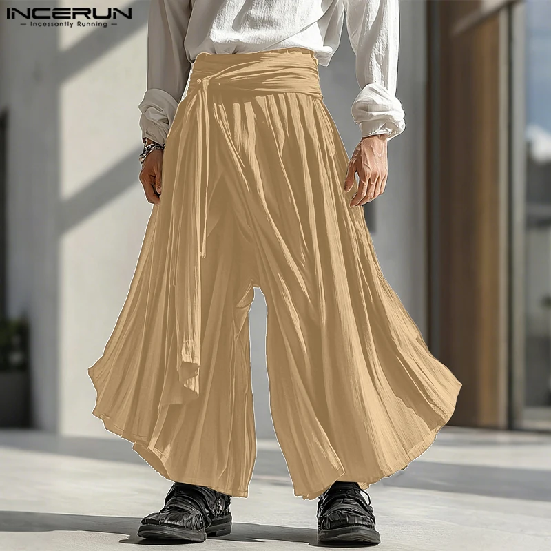 

Men Wide Leg Pants Pleated Solid Joggers Casual Trousers Men Streetwear 2025 Lace Up Elastic Waist Long Pants Oversize INCERUN