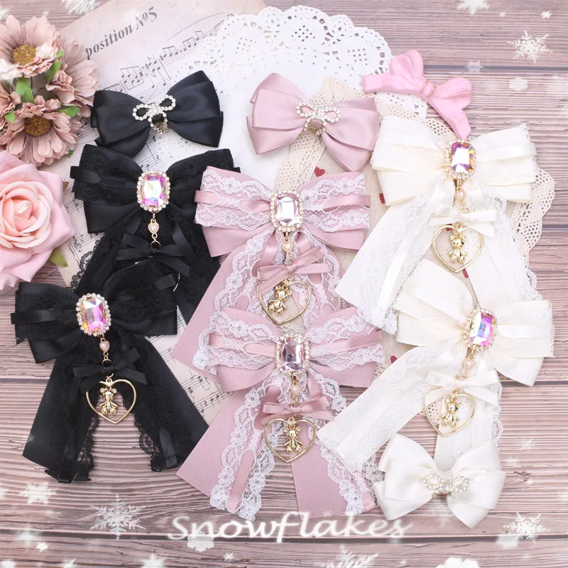 Handmade Japanese Soft Girl Sweet and Cute Lace String Ribbons Love Bear Pendant Hairpin Women Lolita Hair Accessories