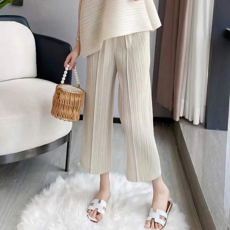 Spring Summer Autumn Women Casual Elegant Ladies Miyake Designer Loose Straight Pleated Pants High Waist Trousers In Stock