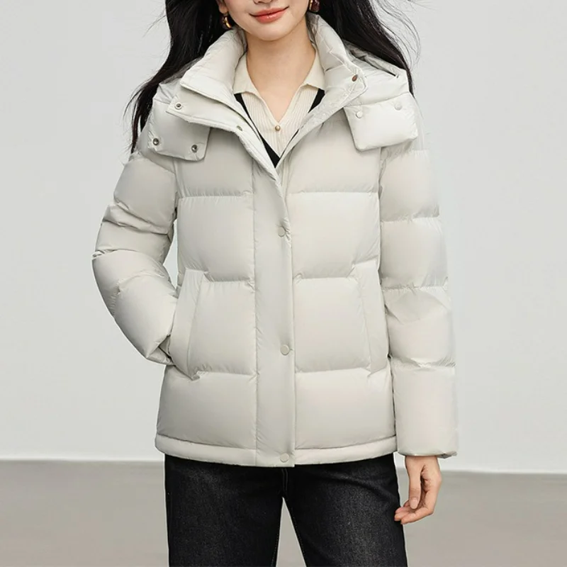 Women Detachable Hooded Down Jackets Winter 2025 New Thickened Warm Cold-proof Bread White Duck Coats Windproof Cuffs Pocket OL