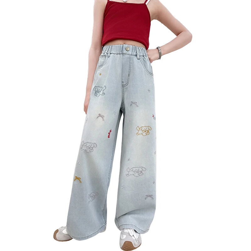 

2025 Kids Striped Jeans With Side Pockets Teen Girls Denim Teenage Pants With Puppy Embroidery Toddler Casual Denim Ages 4-14Y