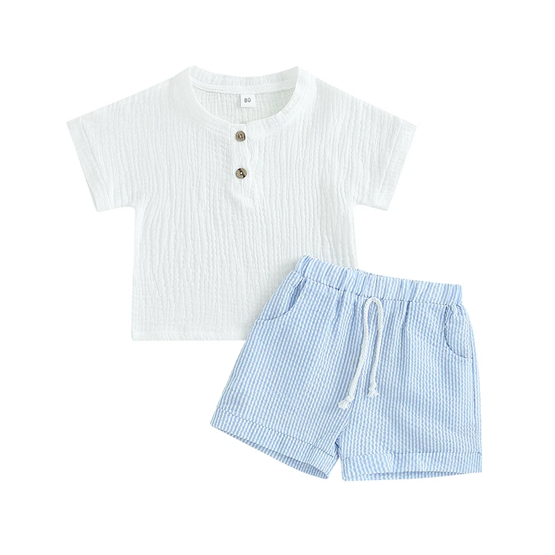 

MAHUAOYIXI Baby Boy 2 Pcs Summer Outfits Casual Button Down Shirt Short Sleeve Cotton Blend Linen Tops Elastic Waist Shorts