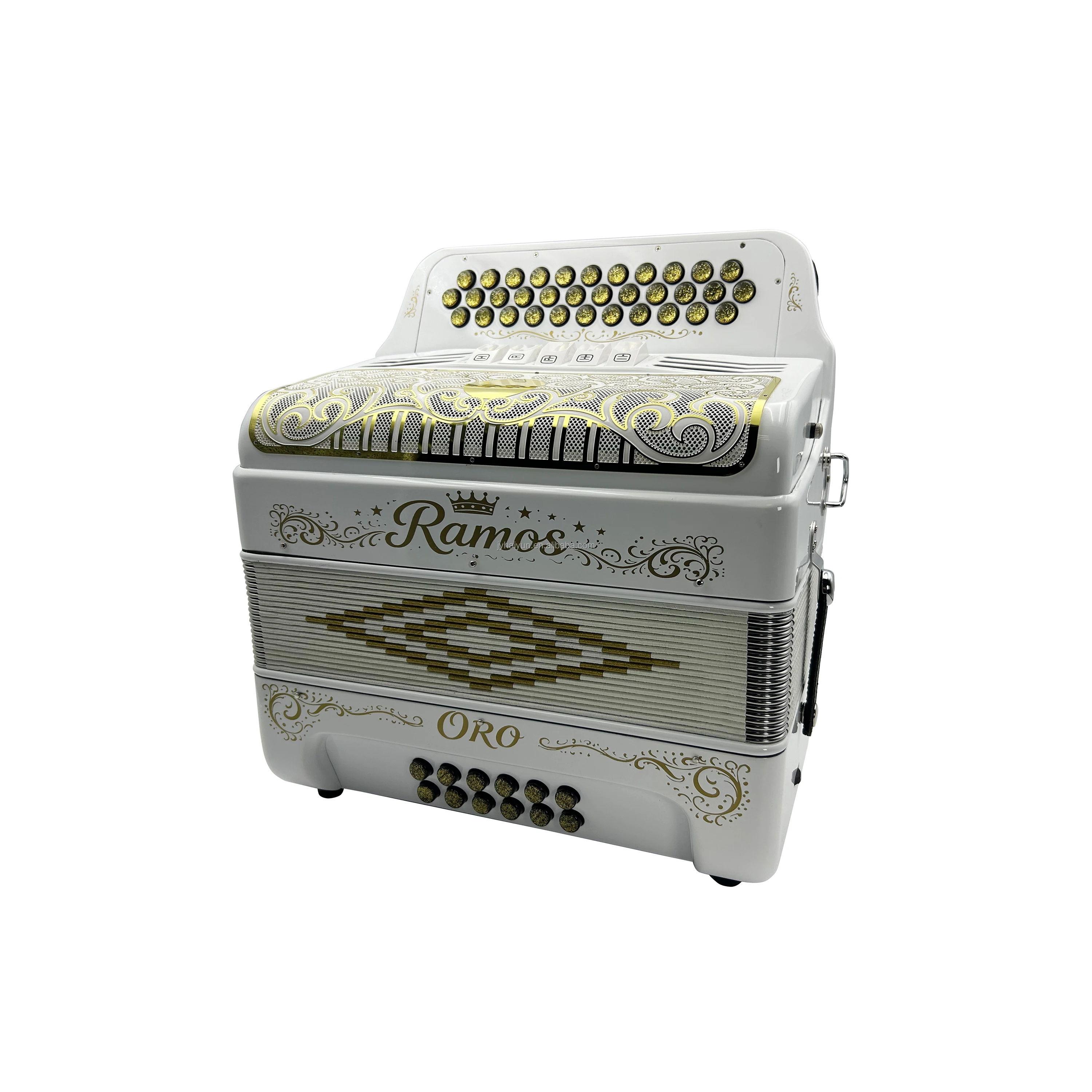 Acordeón Diatónico Profesional de 34 Botones y 12 Bajos con 5 Registros JB3412D, Cuerpo Blanco Brillante, Parrilla Blanca Dorada, Botones Dorados