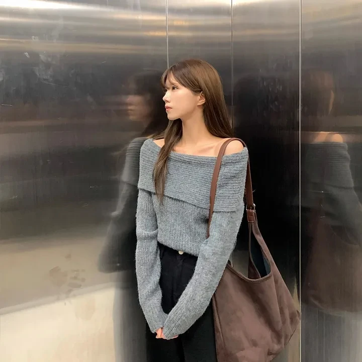 Korean Style Vintage Knitted Shoulder Bared One-Shoulder Lazy Style Sweater Top Simple Match All Season Women's Fashion