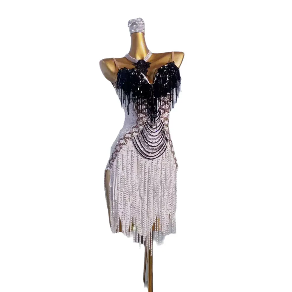 

Платье для латинских танцев, высококачественное черно-белое облегающее платье на заказ с бриллиантами, профессиональная одежда для сцены для взрослых