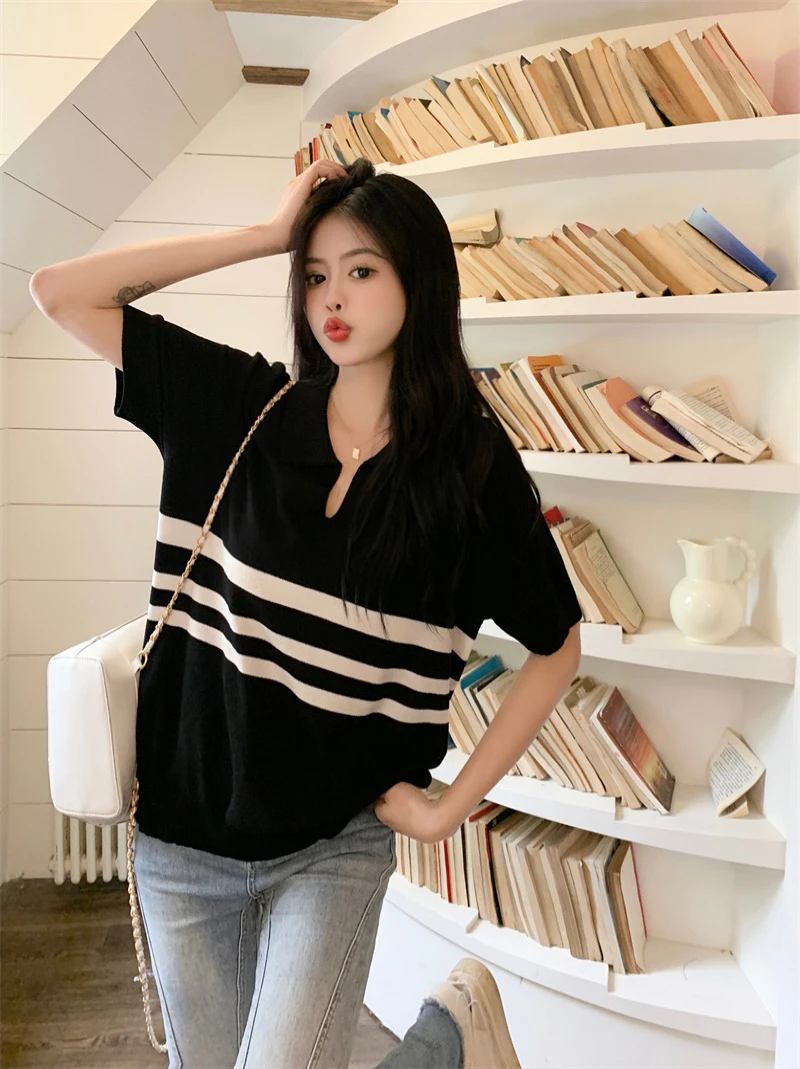 

Loose ort Sve Knitted Sweater Women's Summer Slimming Design Stripe Top plus Size Comfortable Breathable Thin Fabric