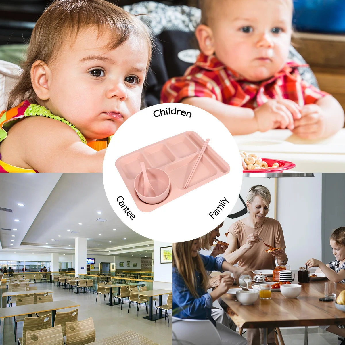 

1Set Wheat Straw Creative Bowl Set Pink Exquisite Dinner Tray Drop-Proof Separate Plates Cutlery Kid Toddler Meal