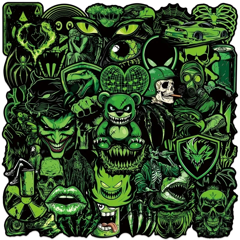 50/100 Pcs Green Cool Horror Pattern Stickers Sunproof Waterproof Fade Resistant for Notebook Helmet Scooter Phone Decals
