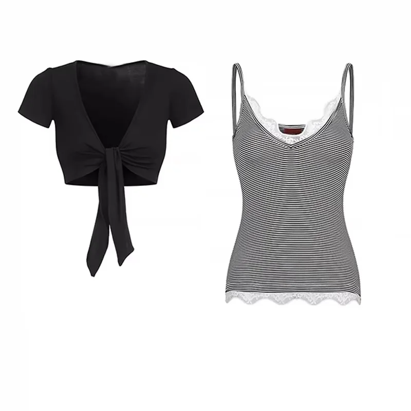Damen Y2K 2-Teiliges Outfit: Kurzarm-Cropped-Top mit Rückenband + Gestreiftes Cami-Top mit Spitzenbesatz, Coquette Zweiteiler-Set – Detail 10
