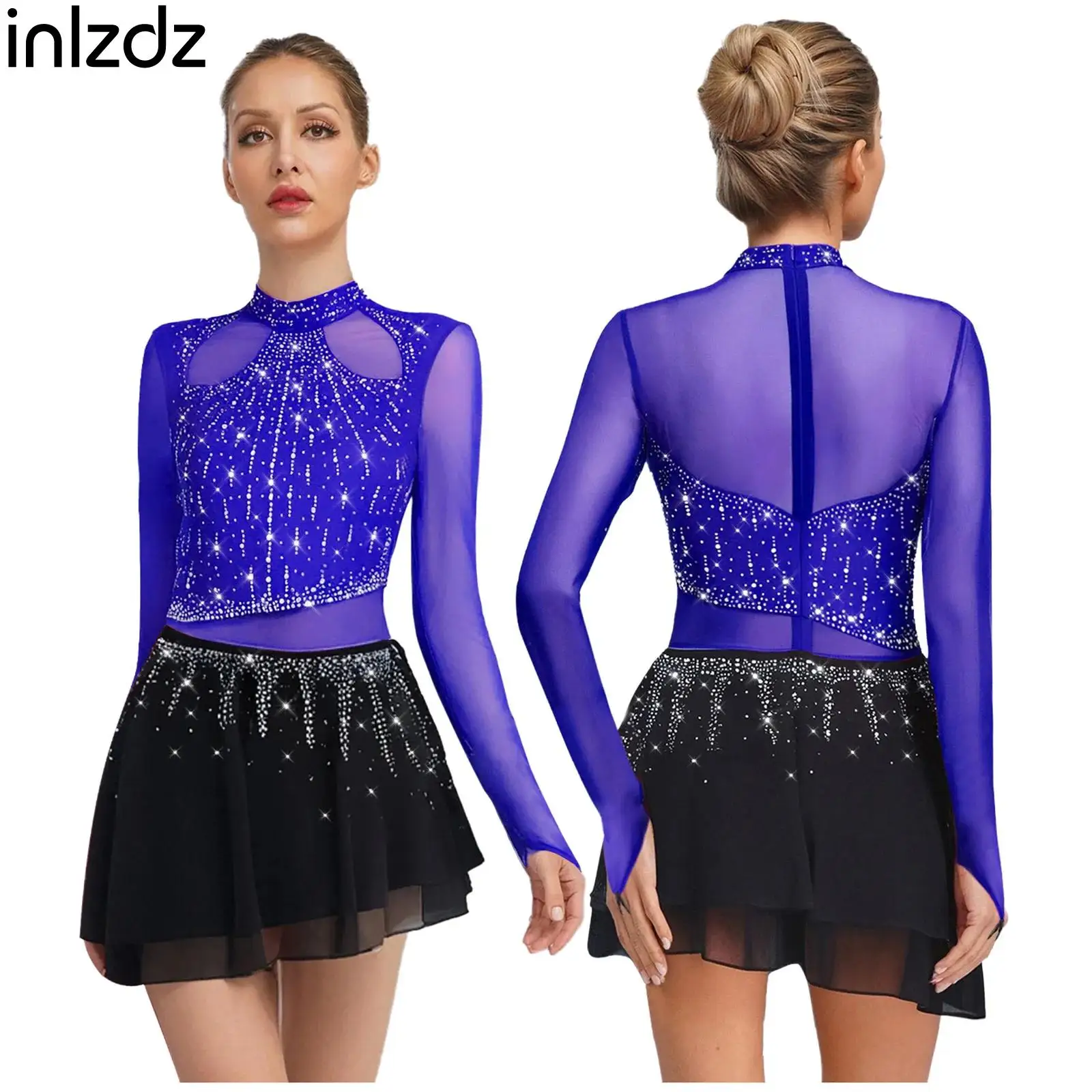 

Women Lyrcial Dance Costume Long Sleeve Rhinestone Chiffon Skirt Leotard Dress Figure Ice Skating Bodysuit Modern Dance Costumes