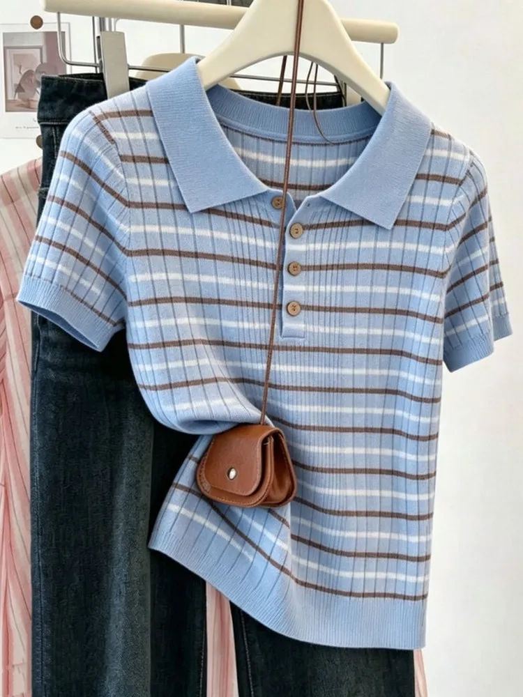 

Slimming Loose Fit Ice Silk Neck Striped Knitted Short Sleeve T-Shirt Women's Fashionable Anti-Aging Summer Top