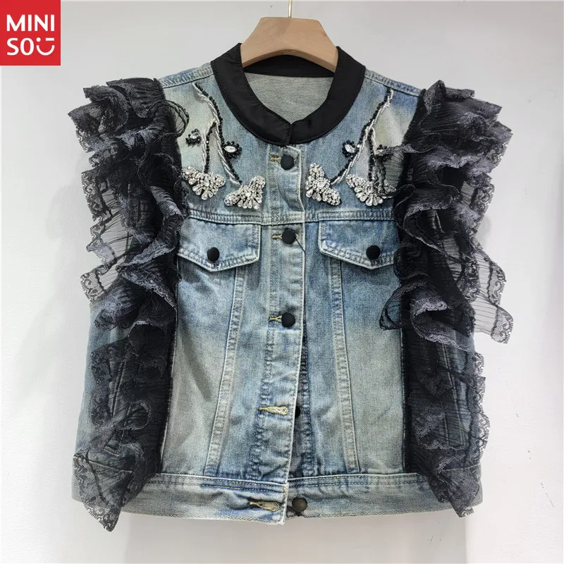 

Miniso 2025 Summer Heavy Rhinestone Vest, Lace Sleeveless Jacket for Women