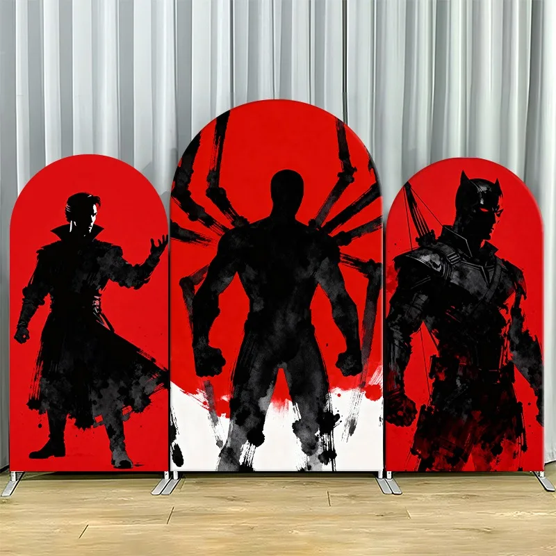 Funda de fondo de una sola capa con diseño de arco de Marvel, no elástica, elegante, roja y negra, con temática de superhéroes, para decoración de fiestas y eventos.