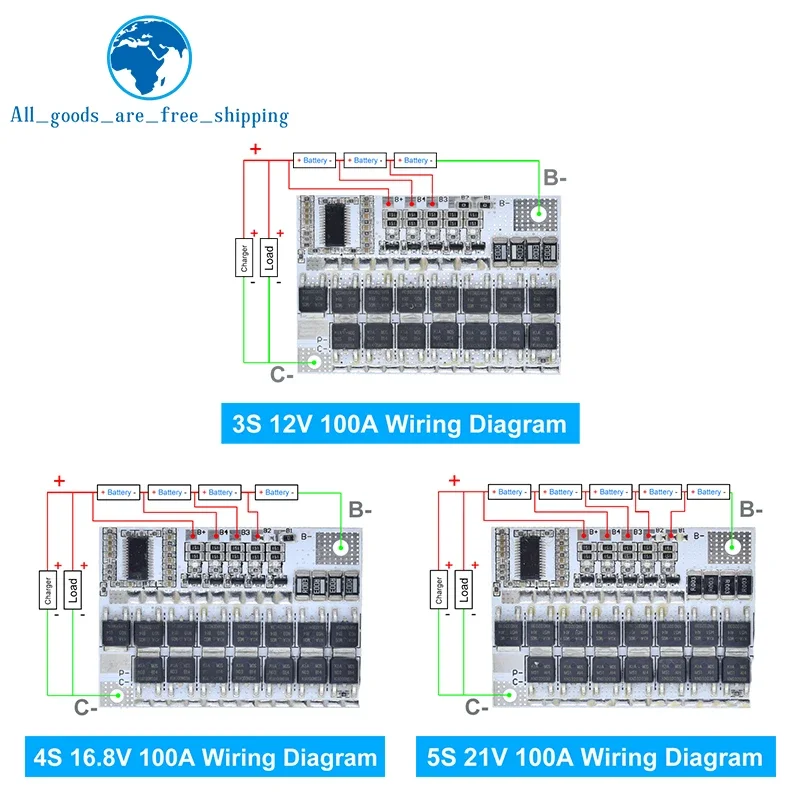 TZT 5S 4S 3S BMS 100A 21V 18V 16.8V 12V 18650 Li-ion LMO Ternary Lithium Battery Protection Circuit Board Balance Charging