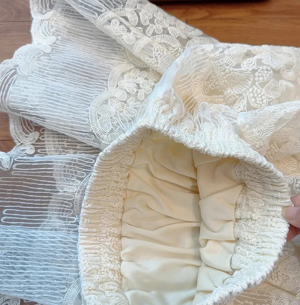 تنورة دانتيل مطرزة على الطراز الكوري، تنورة مظلة منتفخة عالية الخصر، تنورة متوسطة الطول فضفاضة غير رسمية تناسب جميع المواسم