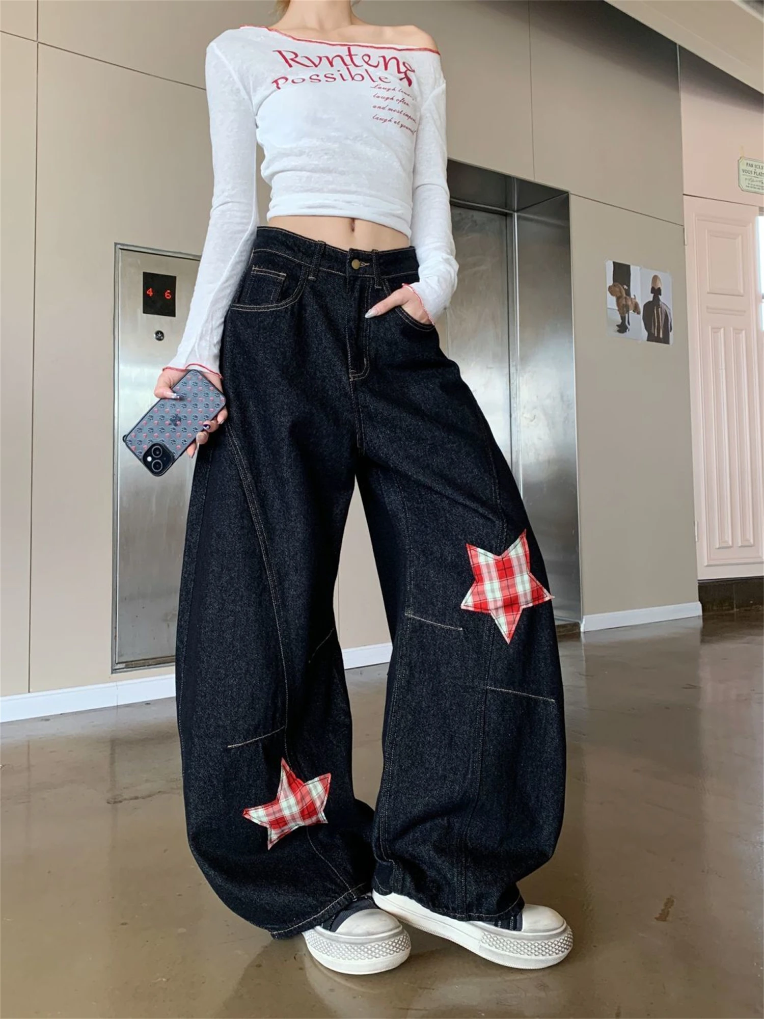 Y2K レディース ハイウエスト ワイドレッグ デニムパンツ ブラック ヴィンテージ レッド チェック柄 スターパッチ タイディテール ストリートウェア ルーズパンツ