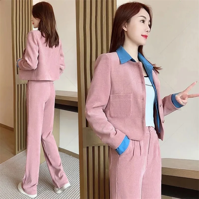 Polo Neck Sports Casual Set Women 2023 Spring and Autumn New Fashionable Short Jacket Paired With Wide Leg Pants Two-piece Sets