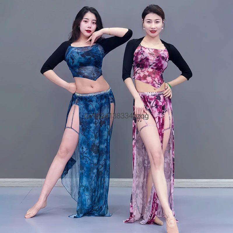 Belly Dance Contrasting Printed Mesh Clothing Set Sexy Women's Mid Sleeves Slimming Belly Dance Practice Performance Costumes