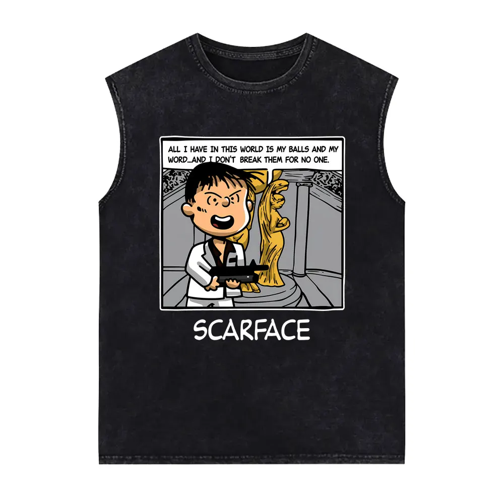 Movie Scarface Vintage Washed Tank Tops Men Retro Cartoon Anime Tony Montana Al Pacino Funny Sleeveless Vest T-shirt Streetwear