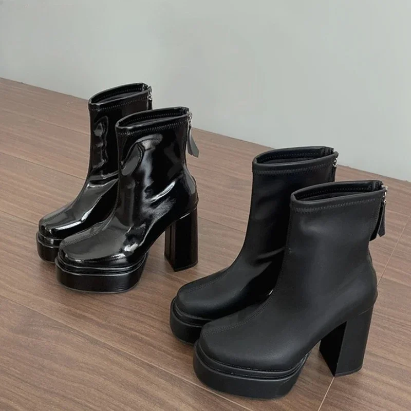 

Женские ботильоны на платформе и толстом каблуке 202, осенне-зимняя обувь для вечеринок, увеличивающая рост, женские элегантные короткие ботильоны