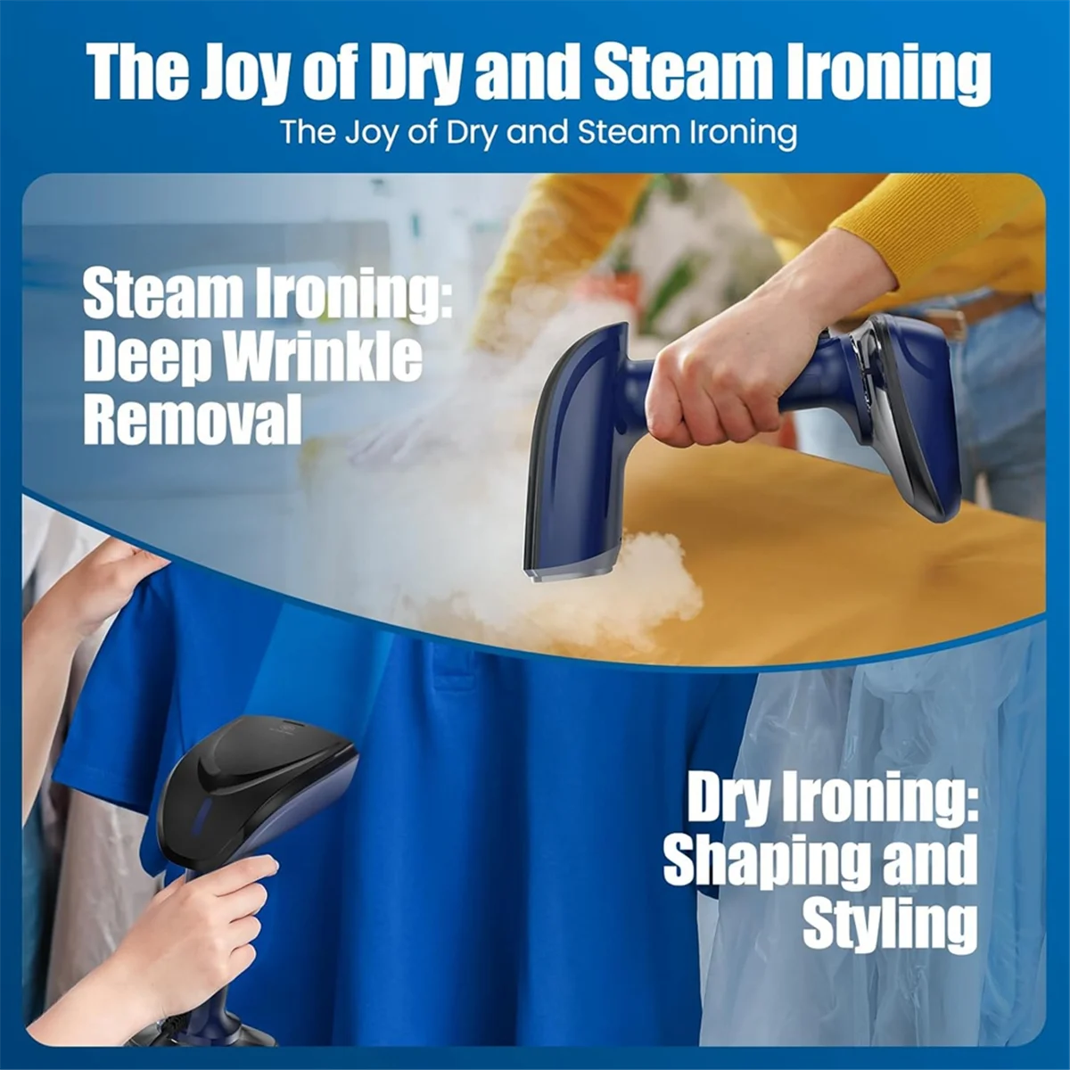A07G-puissant cuiseur vapeur portatif pour tissu-1000 W avec plaque chauffante rapide en céramique, repassage et dissolvant de rides 2 en 1, prise américaine bleu