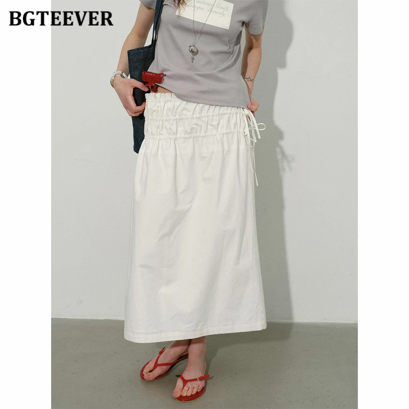 BGTEEVER Summer Loose Midi Skirt for Women High Waist Pleated Drawstring Bow Tie Skirt