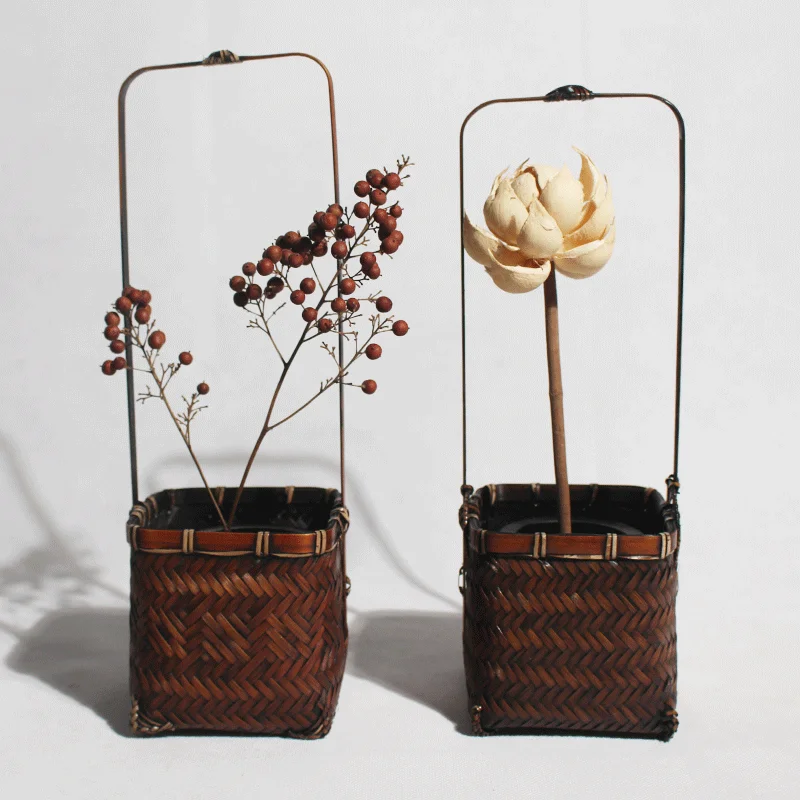 Handmade Bamboo Basket Vintage Craft Rattan Flower Vase Decorative Planter Home Garden Display