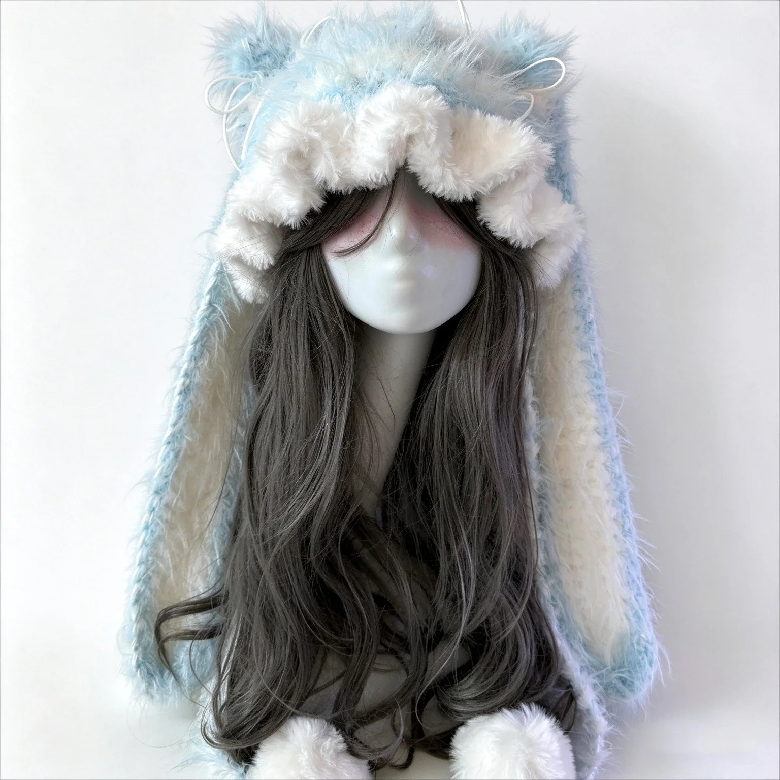 Handmade Blue White Bunny Rabbit Ears Beanie Women Custom Crochet Kawaii Knit Ruffled Hat Lady Winter Warm Casual Lolita Caps