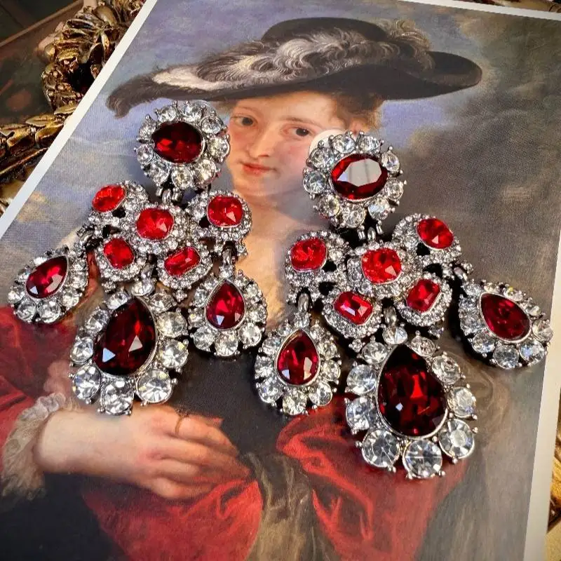 Vintage Silver Tone Red Teardrop Crystal Chandelier Dangle Earrings Multi Layer Rhinestone Wedding Boutique Earrings Brooch
