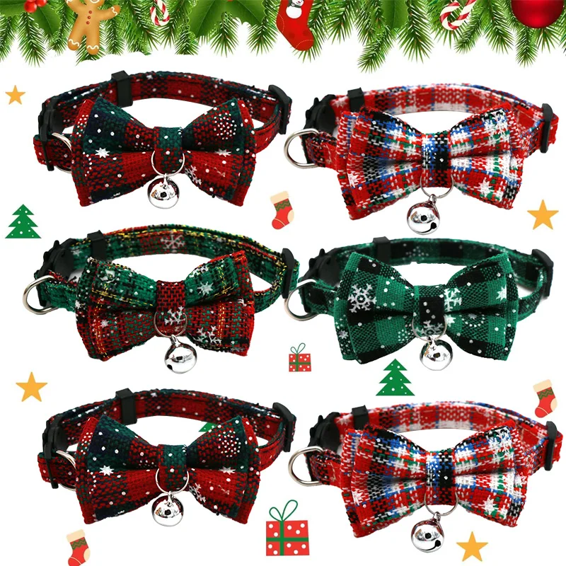 

Christmas Pet Collars with Bowknot Tie Bell Plaid Snowflake Adjustable Length Cats Dogs New Year Pet Decoration Gift Daily Wear