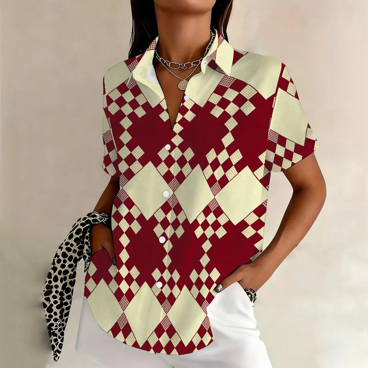 

Women's Plus Size Summer Lapel Shirt with Vintage Rhombus Color Block,Stylish & Unique,Perfect for Themed Parties,Work & Commute