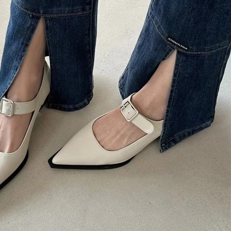 New Fashion Sexy Banquet Comfortable Pointed Toe Buckle Sandals Women\'s Solid Color High Heels Leather Shoes Zapatos Mujer