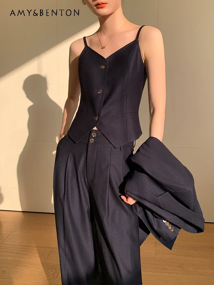 High-Grade Professional Suit Women Spring Autumn New Commute Style Graceful Leisure Coat Vest Wide-Leg Pants Three-Piece Sets