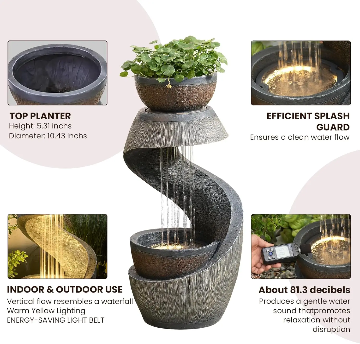

Outdoor Water Feature Patio Fountain with LED Lights, 31.9" Resin Garden Waterfall Fountain Outdoor, Modern S-Shaped Bowl Design
