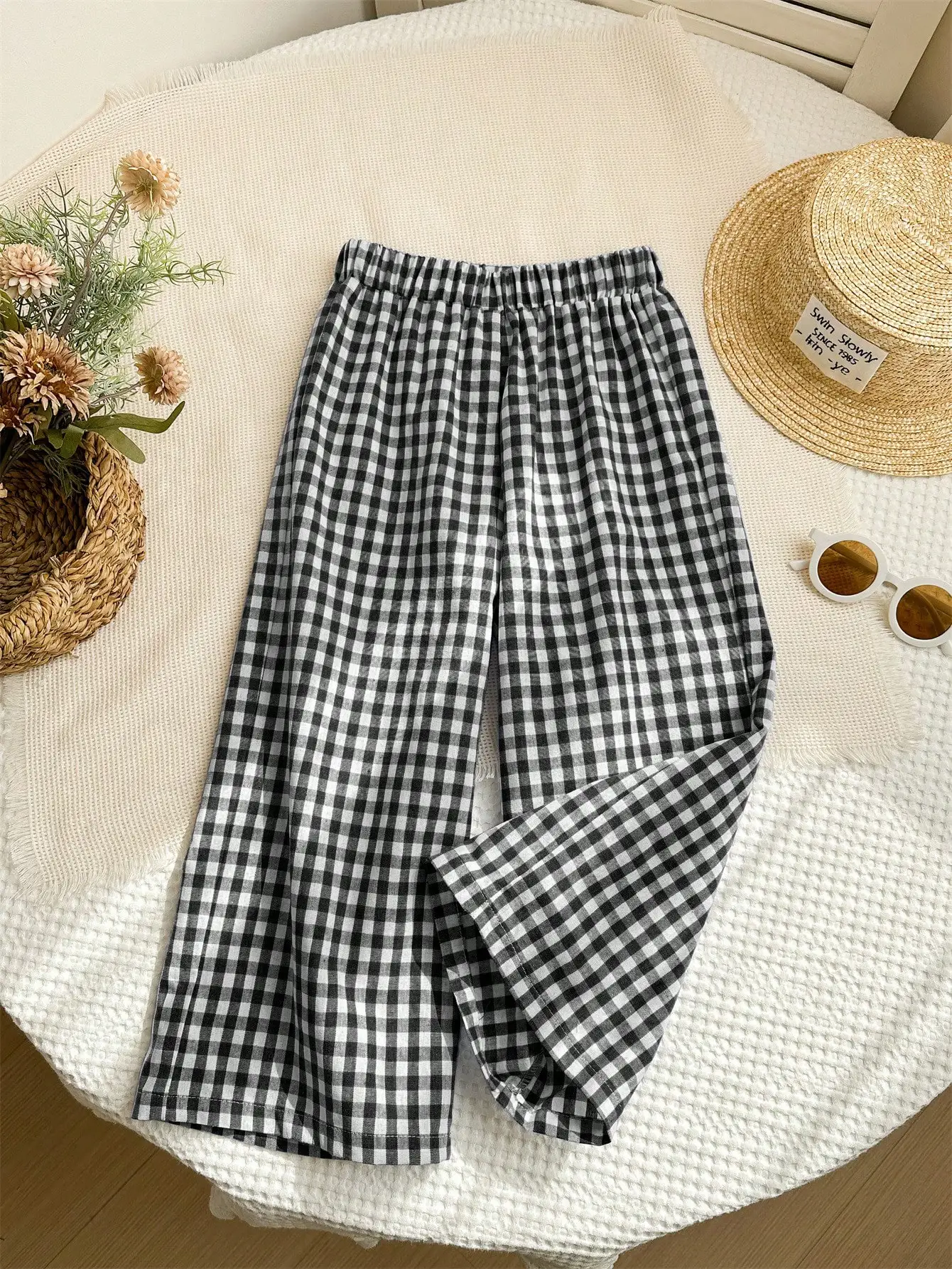 

Black and White Gingham Loose Fit Casual Pants for Girls