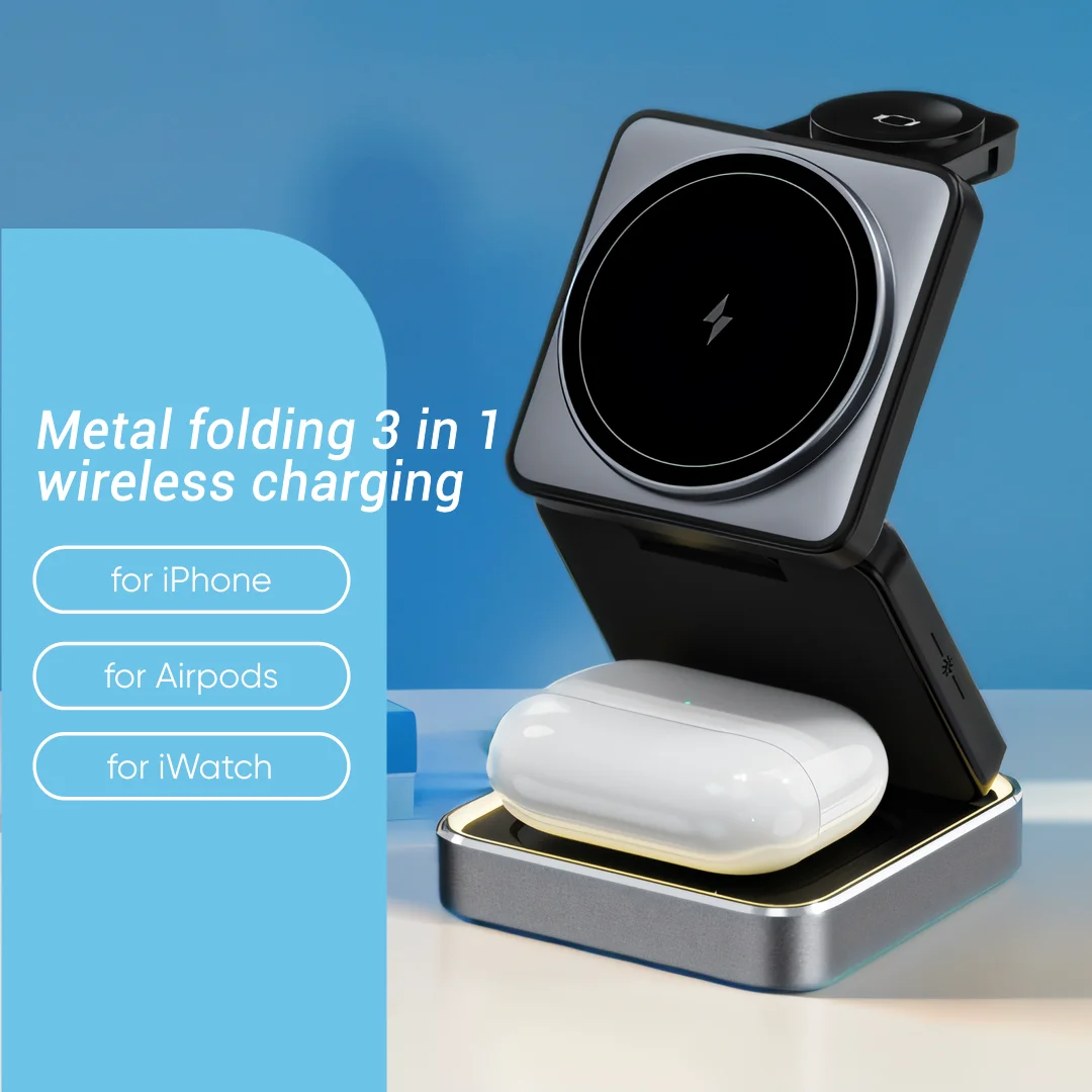 

3 in 1 Wireless Magnetic Charger Metal Base with Foldable Design,with Ambient Light for Iphone,earphone,Watch 3 Devices Charger