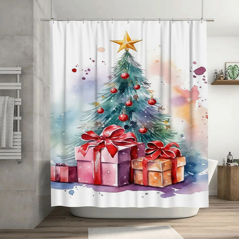 

Tuniu Charming Christmas Forest Shower Curtain Festive Holiday Trees Gift Box Bathroom Decor