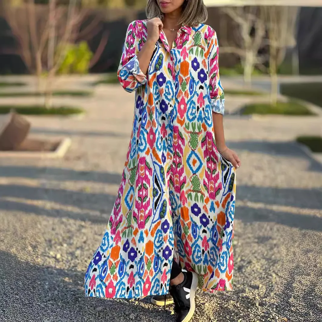 Women Elegant Shirt Dress 2024 Spring Summer Long Sleeve Print Fashion Square Collar Midi Dresses Casual Lady Dress Vestidos