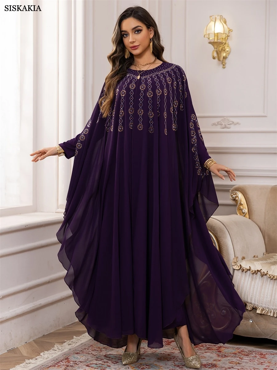 Siskakia muçulmano strass decorado abaya capa batwing manga kaftan dubai malha conjunto de duas peças vestido miçangas 2025