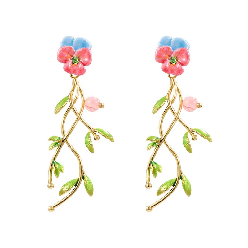 

Bohemia Forest Style Red Herb Trinity Flower Leaves Branch Handmade Enamel Earrings Niche Design Temperament Earrings for Women
