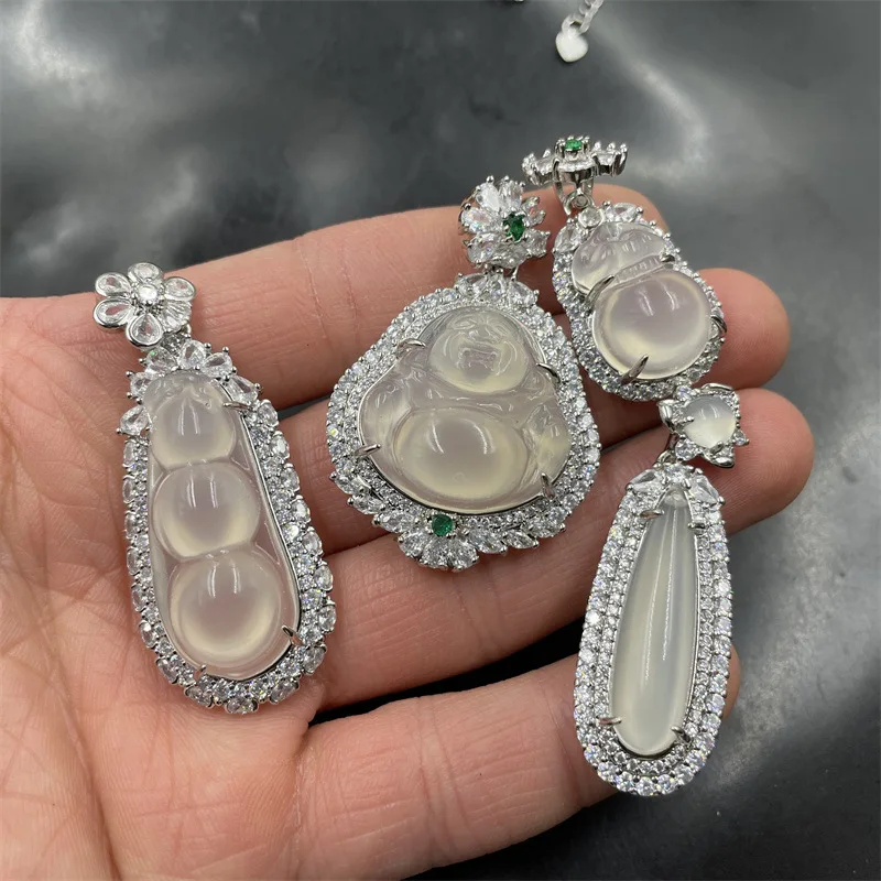 Inlaid High Ice White Chalcedony Maitreya Buddha Pendant Ice White Agate Green Bean Pendant Lucky Bag Water Drop Jade Pendant