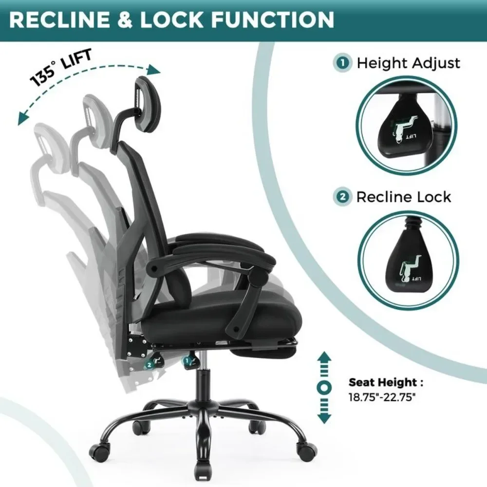 Ergonomic Office Chair, with Lumbar Pillow & Retractable Footrest, Mesh Office Chair with Armrests and Adjustable Headrest