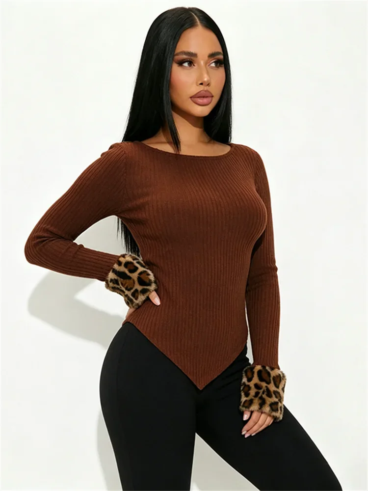 Weird Puss Leisure Comfortable T-Shirts Woman Autumn Trend o-Neck Furry Patchwork Full Sleeve Irregular Hem Simple Style Tees
