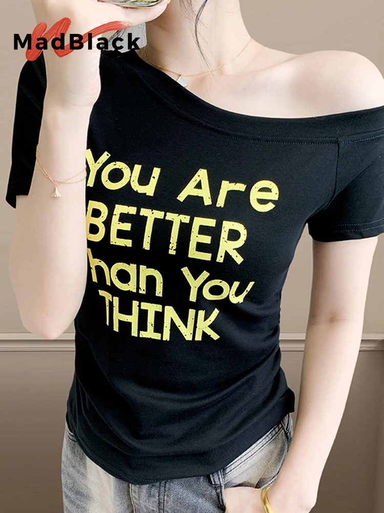 

MadBlack-Women European T-Shirt, Sexy Skew Collar Letter Print, Fashion Short Sleeve Off Shoulder Slim Tee, 2025 Summer T55909CC
